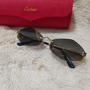 Cartier Tiger Head Logo Geometric Frame Black Sunglasses